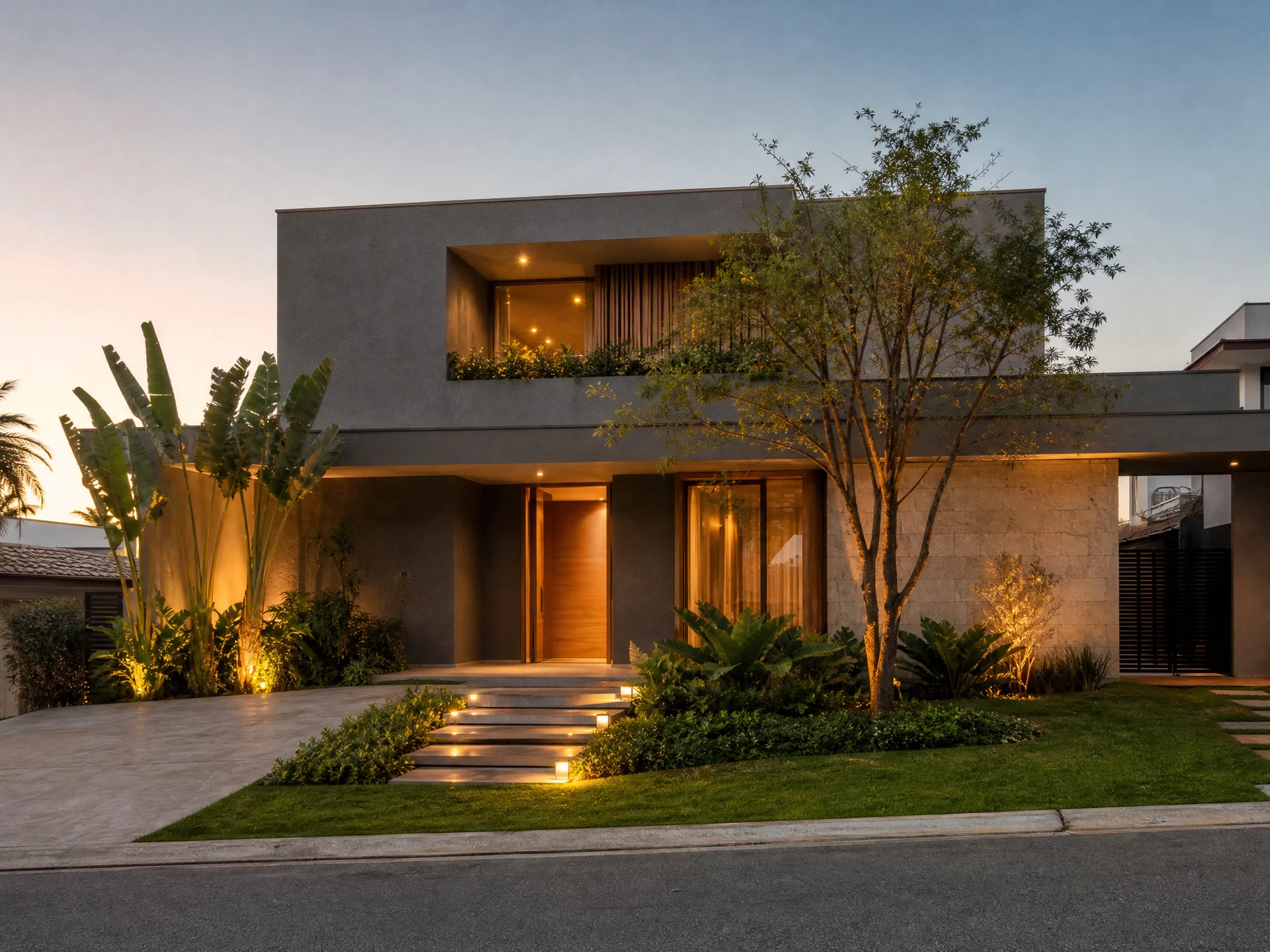 Casa contemporânea de dois pavimentos com jardim e luzes ao entardecer
