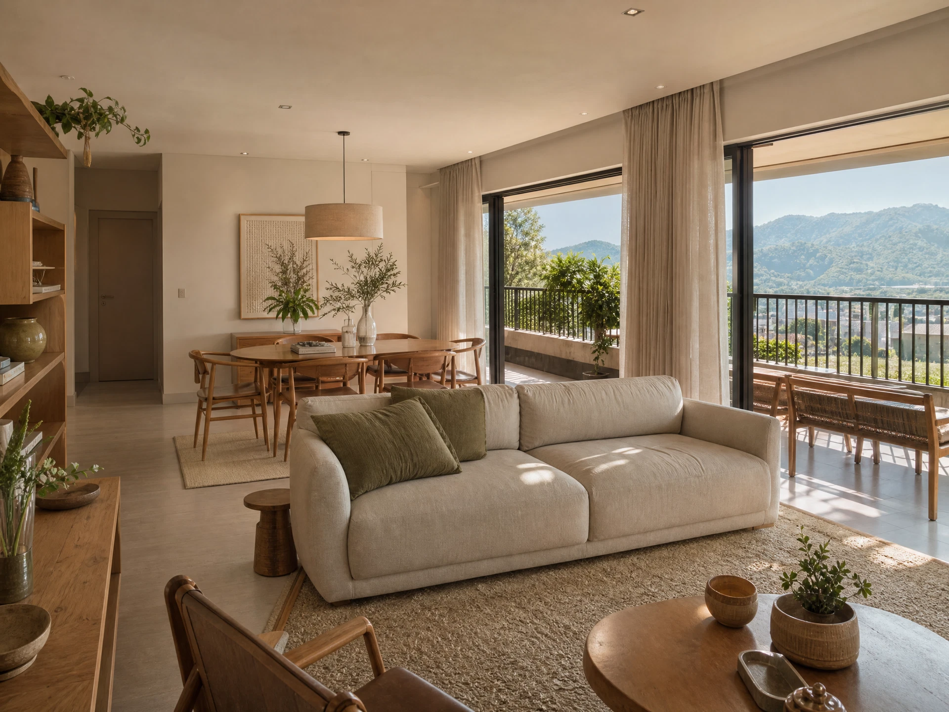 Sala de apartamento contemporâneo com varanda e colinas verdes ao fundo