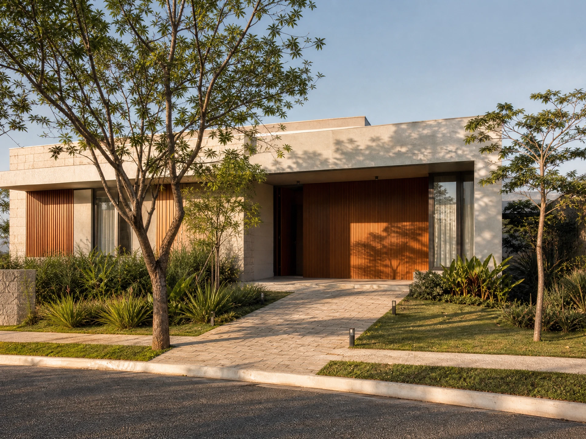 Fachada contemporânea de casa térrea com madeira, pedra clara e jardim